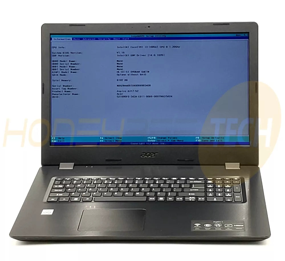 ACER ASPIRE 3 A317-52-310A INTEL CORE i3-1005G1 1.2GHZ 8GB LAPTOP NO HDD TESTED - Honeybee-Technologies